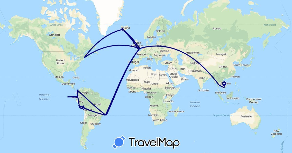 TravelMap itinerary: driving in Brazil, Ecuador, United Kingdom, Iceland, Panama, Peru, Thailand, United States, Vietnam (Asia, Europe, North America, South America)